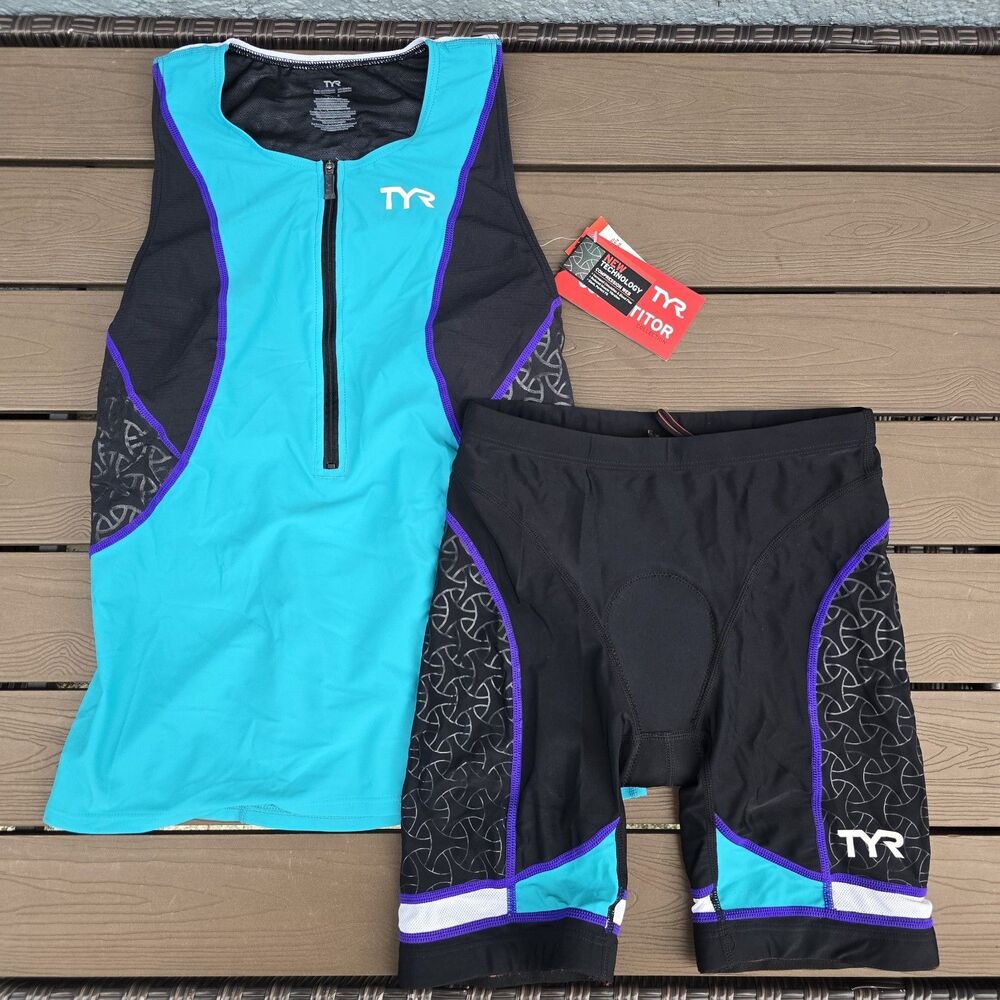 TYR Women Black/multi Triathlon Trisuit Tank & 6 in Padded Shorts Sz S New *mark